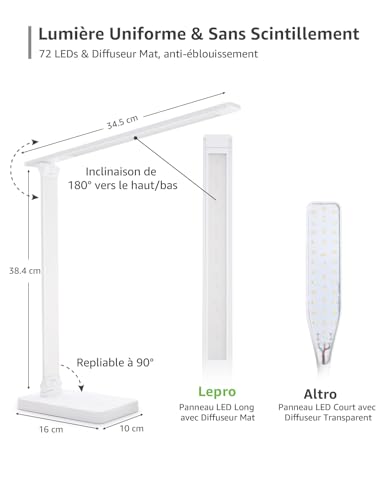 Lepro Desk Lamp 800lm 5 Modes Colour 5 Levels Dimmable White | Desk Lamp with Adapter, Touch Control, Anti-Glare for Reading, Work, Study
