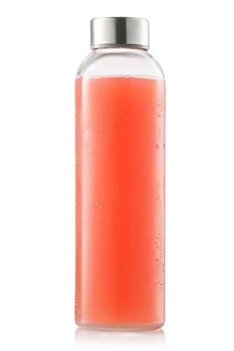 Sagler glass bottles 6 Pack 18oz - Includes 6 Sleeves (COLORS MAY VARY) - glass drinking bottles for Beverage and Juice - water bottle glass with stainless Steel Caps with - Leak-Proof Lid