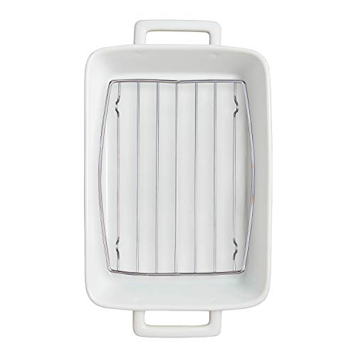 HIC Kitchen Rectangular Lasagna Pan with Handles, Fine White Porcelain