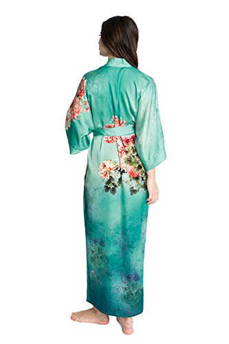 Old Shanghai Women's Kimono Robe Long - Watercolor Floral, Coral Chrysanthemum- Meadow Blue, One Size. - Thumbnail 6