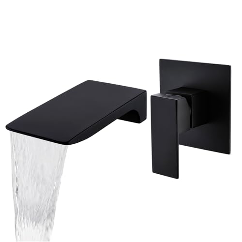LIWElKE Unterputz Waschtischarmatur, Schwarz Matt Wasserhahn Wasserfall Wandmontage 2 Loch Wandarmatur Schwarz mit Einfachem Griff und groBem Auslauf