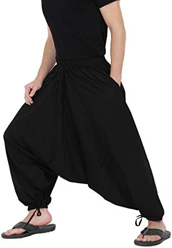 Mens Womens Boho Hippie Baggy Wide Leg Cotton Harem Pants - Elastic Drawstring Waist - 2 Pockets - Bottom Knot Design