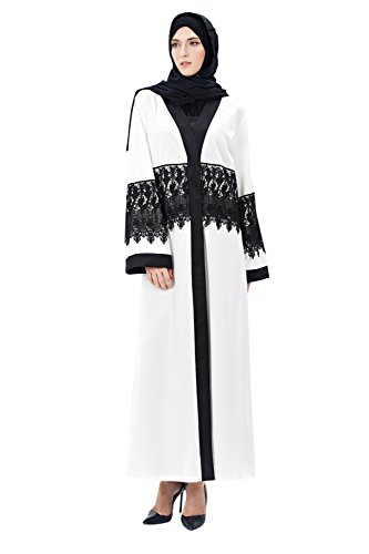 Women Lace Patchwork Front Open Kaftan Dress White size M