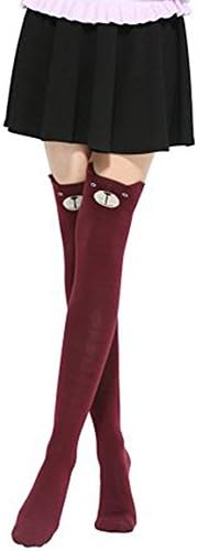 USOLDFLY Women's Girls Cute Animal Knee Thigh High Socks Stockings Burgundy