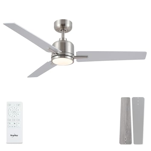 Newday Ceiling Fan, Silver and Wood, 48 Inch Ceiling Fan with Dimmable Light and Silent Remote Control, Reversible Ceiling Fan, 3 Ceiling Pales with 3 Timer 6 Speeds