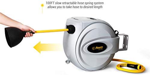 Power Retractable Hose Reel 1/2” x 100 ft, Super Heavy Duty, 500 PSI Burst Strength, 3 Layer Hybrid Hose, Slow Return System, Exclusive Twist Collar and The Patented Nozzle Protector - Thumbnail 2