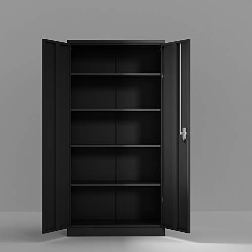 Lockable 2-Door Steel Storage Cabinet with 4 Adjustable Shelves, Black