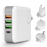 SUENANCY USB C PD Wall Charger Socket, Quick Charge 3.0 25W Travel USB Hub Charging Station with Replaceable US/UK/EU/AU Plug, Multi 4-Port USB Power Adapter for iPhone, Android, and More (White)