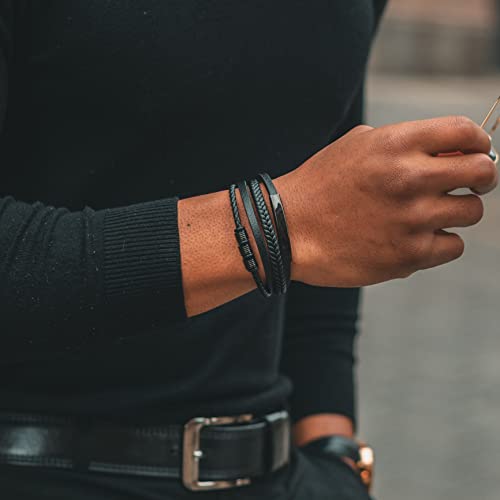 SERASAR Men's Leather Bracelet Magnetic Clasp Stainless Steel | Shining Genuine Cowhide Leather | Braided Style Bracelets | Jewellery Gift Box Included | Fashion Accessories For Men