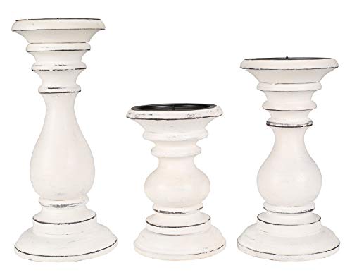 Set of 3 Wooden Pillar Candle Holders, Ideal for LED and Pillar Candles, Gifts for Wedding, Party, Home, Spa, Reiki, Aromatherapy, Votive Candle Gardens - 10 Inch, 8 Inch, and 6 Inch - Antique White
