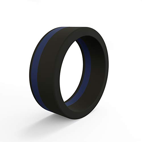 QALO Men's Silicone Pinstripe Ring, Thin Blue Line - Honoring Police and Law Enforcement, Size 10