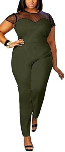 ResportsNNT L-4XL Large Size Sexy Short Sleeve Jumpsuit Solid Round Neck Bodysuit for Women (4XL, army green)