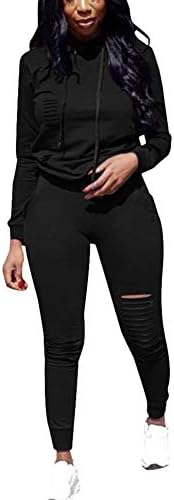Women Tracksuit Set Two Piece Ripped Hoodie Sweatshirt Top + Pants Trousers Outfit Sportswear Loungewear