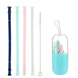 Silicone Straw Reusable Silicone Drinking Straws, Flexible Straws Long Foldable Durable Drinking Tube for 20 oz Tumblers RTIC/Yeti -BPA Free (4 PCS+ 1 Cleaning Brush + 1 Portable Carrying Case)
