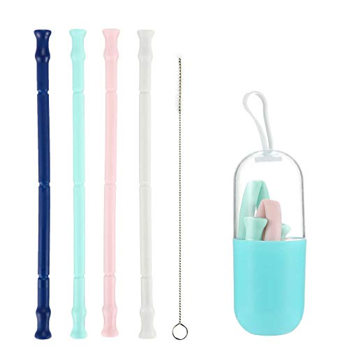 Silicone Straw Reusable Silicone Drinking Straws, Flexible Straws Long Foldable Durable Drinking Tube for 20 oz Tumblers RTIC/Yeti -BPA Free (4 PCS+ 1 Cleaning Brush + 1 Portable Carrying Case)