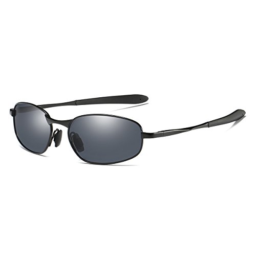 Polarized Sunglasses Small Size Rectangular Wrap Metal Frame UV400 Protection (Black, 53)