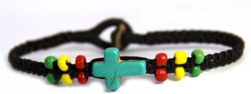 7 - 7.5 Inches Handmade Bracelet, Christian Cross, Turquoise, Rasta, Crochet, Boho, Boys, Girls, Small Wrist (Sa4956)
