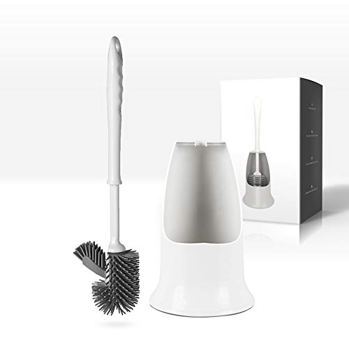 Joomoon Toilet Brush and Holder Set Good Grip Hideaway Compact Silicone Bristles Bathroom Cleaning Bowl Brush Kit with Rim Lip Toilet Bowl Brush and Holder Cleaner Set White
