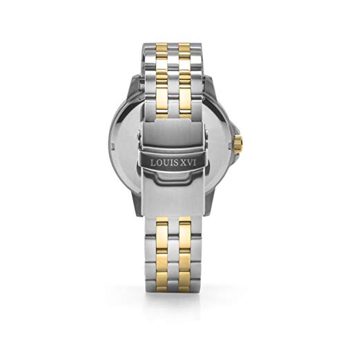 LOUIS-XVI-Herren-Armbanduhr-Athos-Slim-Stahlband-Bicolor-Silber-Gold-Schwarz-Analog-Quarz-Edelstahl-928