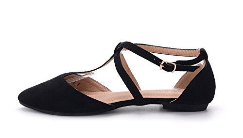Mila Lady Laurel Womens Pointed Toe Ankle Strap T-Strap D'Orsay Dress Flats Shoes,BLACK9