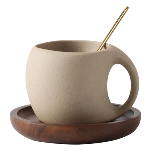 8oz Ceramic Coffee Mug with Acacia Wood Saucer, 240 ml Espresso Cups Set for Latte, Cappuccino, Tea, Unglazed Porcelain Arty Coffee Cup for Home or Office