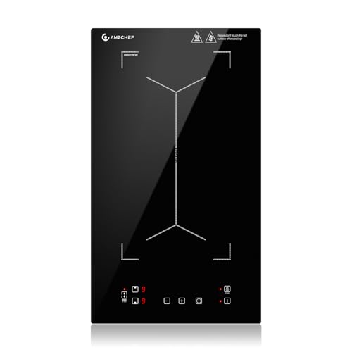 AMZCHEF Induktionskochfeld 2 Platten, Doppel Induktionskochplatte mit Flexzonen und Stecker, 10 Leistungsstufen, Sicherheitsschloss und Timer, Touch-S