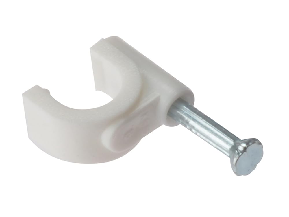ForgeFix Cable Clips - Round | 9-11mm | White Plastic Clip, Zinc Plated Nail | Box 100