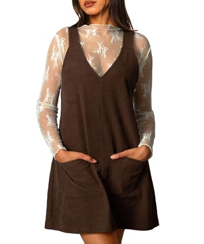 Navneet Corduroy Overall Dress for Women V Neck Sleeveless Pinafore Jumper Mini Dress with Pockets