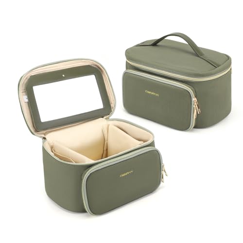 Omnpak Kosmetiktasche mit Spiegel,schminktasche Damen groß, Make-up-Tasche für handtas mit fächernche,Kosmetiktasche Reise ,Makeup Bag for Women,Grün