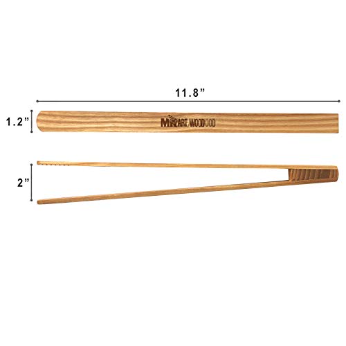 Mr.Art Wood Long Wooden BBQ Tongs (Pack of 2), 11,8" Generous Length, Best for Grilled Meat, Steaks, Fruits, Vegetables or Bread & Toaster at Kitchen, 100% Natural Ash Wood