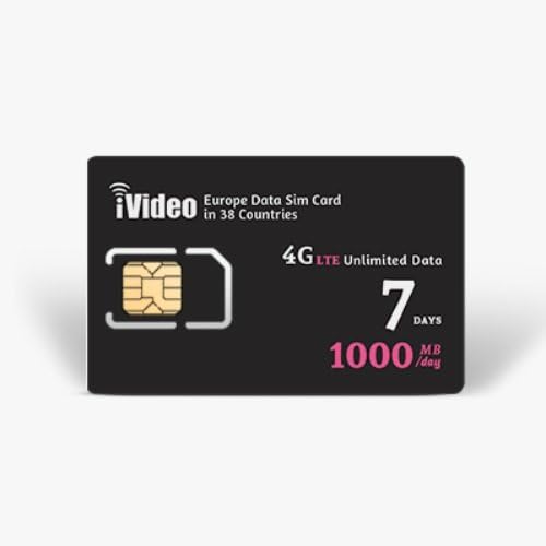iVideoWiFi Europe SIM Card Prepaid Unlimited Data 38 Countries 1000MB/Day in 4G Speed (7 days)