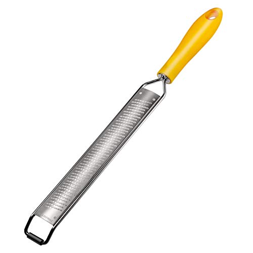 HAOZAN Lemon Zester Grater - Cheese, Citrus, Lime, Fruits, Nutmeg, Chocolate, Parmesan, Soft Grip Handle, Stainless Steel Fine Blades with Protector, Hand-held Kitchen Tool, Dishwasher Safe (Yellow)