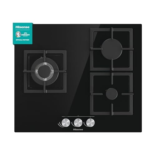 Hisense GG633B Natural Gas Hob 3 Zones 60 cm Cast Iron Grill and Black Tempered Glass Automatic Ignition Integrated in Controls GasStop Safety Easy Clean