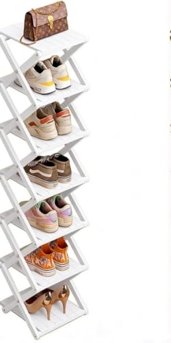 Zapatero de bambú - No requiere montaje, organizador de zapatos plegable, estantería multifuncional para recibidores, rincones y dormitorios, 7 estantes, color blanco (reforzado y de mayor grosor)