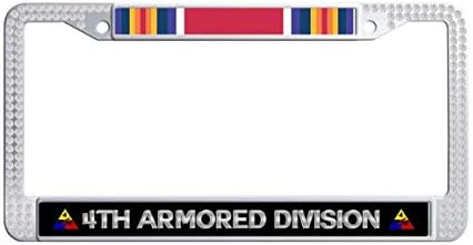 JiuzFrames U. S. Army White Rhinestones 4th Armored Division WW2 Veteran Service Ribbon Stainless Steel Car tag Frame, Waterproof Bling Bling Rhinestones License Plate Frame with Crystal Screw Caps