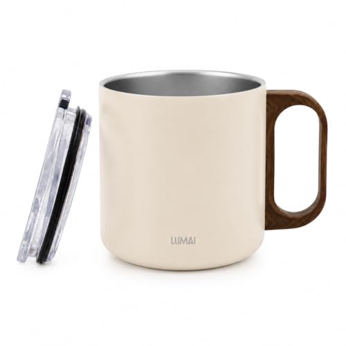 LUMAI Caneca Térmica 350ml Inox com Tampa Antivazamento Premium - Branca | Caneca de Café Caraíva, Aço Inox 304, Parede Dupla com Isolamento Térmico, Alça Estilo Madeira, Bebidas Quentes ou Frias