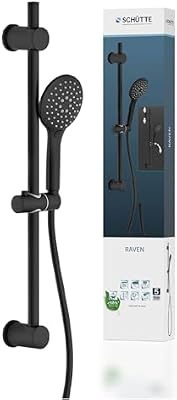 RAVEN Barre de Douche et Douchette à Main, Pommeau Avec 3 Positions de Réglage, Kit Avec Colonne, Panneau et Tuyau en Noir