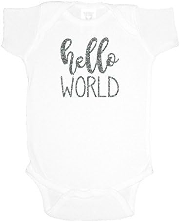 SARBIEN Designs Hello World Bodysuit (0-3 Months (Long), Silver Glitter)