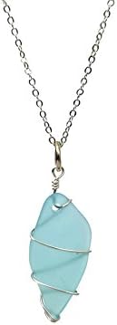 Coachellove Boho Statement Wire-Wrapped Cultured Sea Glass Beach Vibes Long Necklace, 28 Inch Length, Multiple Styles to Choose From! (Light Blue Shard)