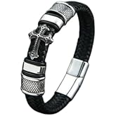 New Fashion Men's Christian Cross Double Row Genuine Leather Bracelet, Braided Cuff Bracelet for Men, Men accessory