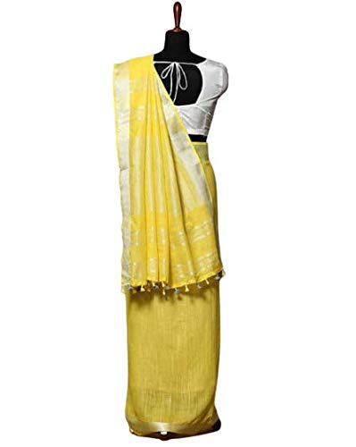 Womens Bhagalpuri Cotton Slub Yellow Saree With Plain Zari Border Running Blouse Piece