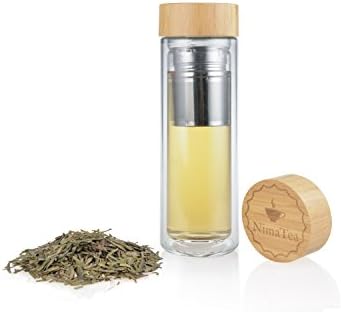 NimaTea Tea Infuser Glass Tumbler (15 oz) with Bamboo Lid, Comes with Stainless Steel Basket, Strainer and Sleeve - Portable Brewing Tea Maker with Double Wall Insulated Bottle