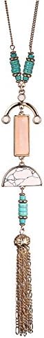 Gold Plated Boho Bule Black Stone Pink Quartz Marble Chain Tassel Pendant Necklace for Women