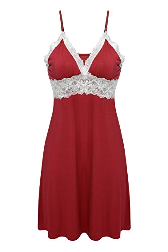 Ekouaer Womens Lace Trim Viscose Chemise Slip Sleepwear Nighty Plus Size (Red, XL)