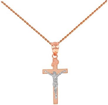 Solid 10k Two-Tone Rose Gold Cross INRI Crucifix Pendant Necklace (1.18")