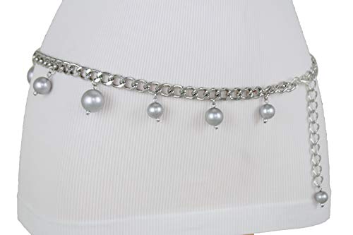 TFJ Women Fashion Silver Metal Chain Links Belt Hip High Waist Fancy Beads XS S M
