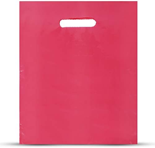 200 Pack 9" x 12" with 1.25 mil Thickness Pink Merchandise Plastic Glossy Retail Bags | Die Cut Handles | Perfect for Shopping, Party Favors, Birthdays, Children Parties | Color Pink | 100% Recyclable