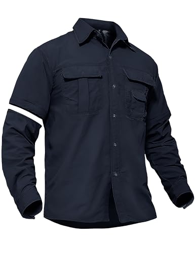 TACVASEN Camisa táctica de manga larga para hombre para construcción, tops de trabajo ligeros con botones para safari, senderismo militar, azul marino, XL
