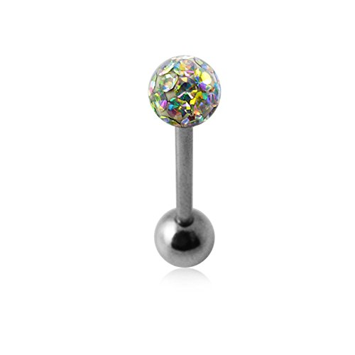Rainbow Epoxy Multi Crystal Stone Tongue Ring. 14Gx5/8(1.6x16mm) 316L Surgical Steel Barbell with 6MM Crystal Stone Ball and 6MM Surgical Steel Ball.