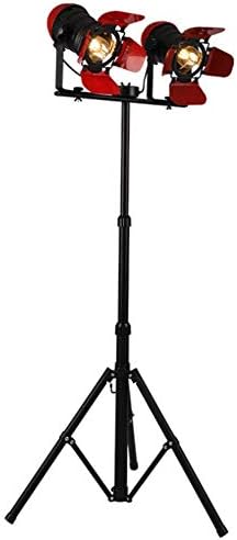 Floor Lamp Industrial Retro Red/Black Searchlight Height Adjustable Closable Shade Rotatable Body E27 Double Head Baking Paint Wrought Iron Tripod Standing Lamp with Foot Switch [Energy Class A]